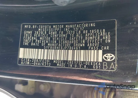 2018 Toyota Corolla Se из США, поврежденный, VIN 5YFBURHE6JP786461